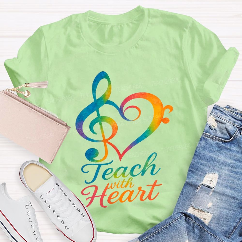 Teach With Heart Heart-Shaped Musical Notes Teacher T-shirt