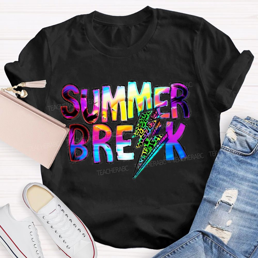 Summer Break Leopard Print Lightning Print Teacher T-shirt
