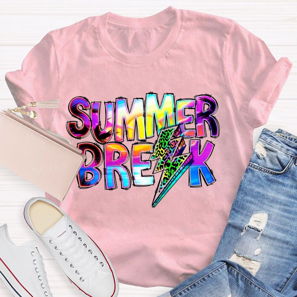 Summer Break Leopard Print Lightning Print Teacher T-shirt