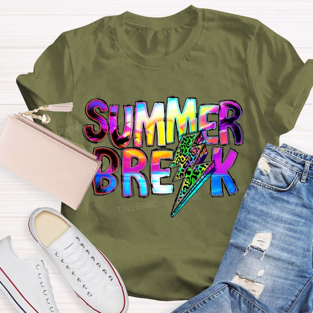 Summer Break Leopard Print Lightning Print Teacher T-shirt