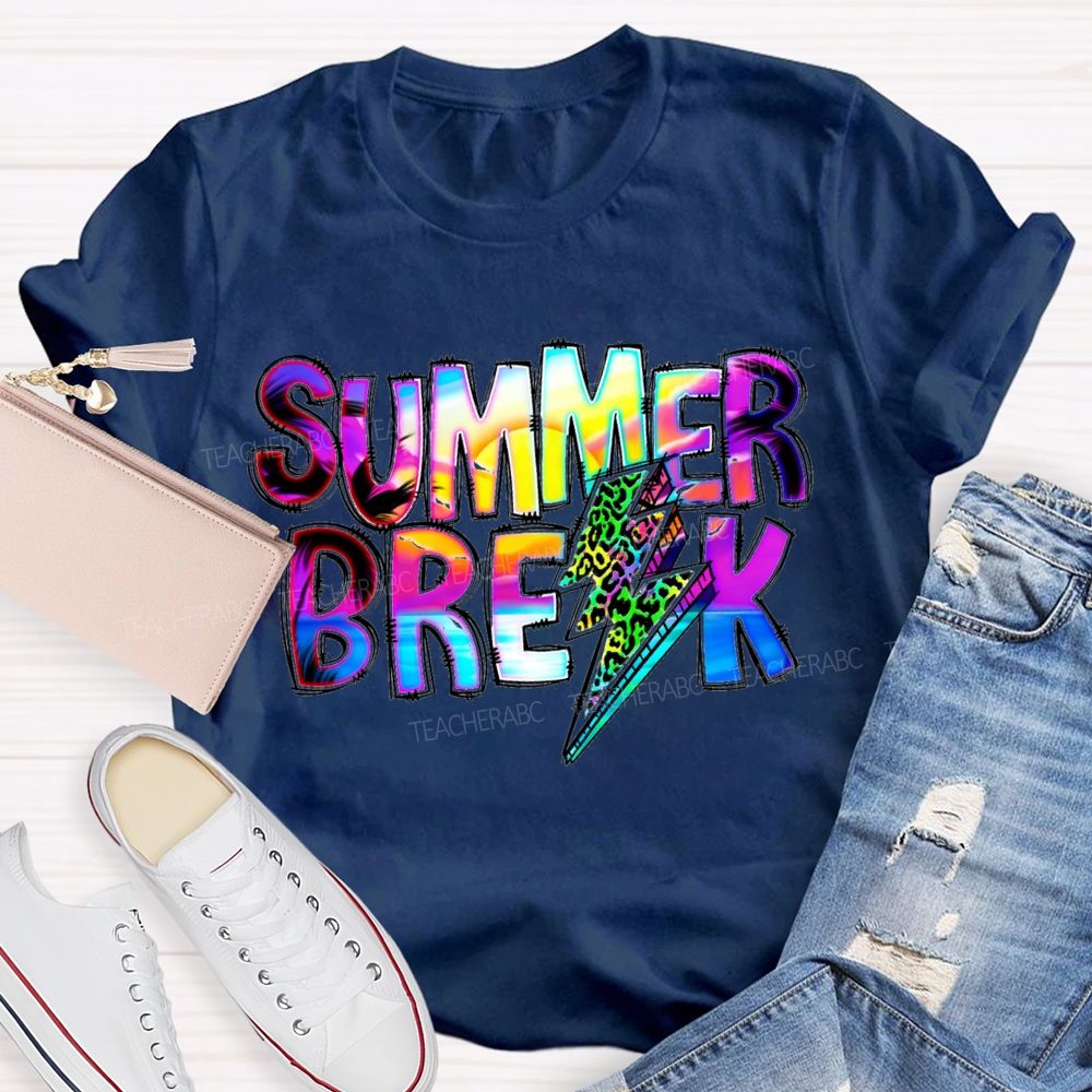 Summer Break Leopard Print Lightning Print Teacher T-shirt