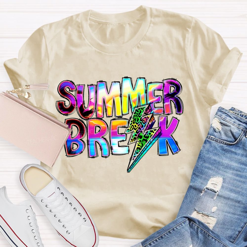 Summer Break Leopard Print Lightning Print Teacher T-shirt