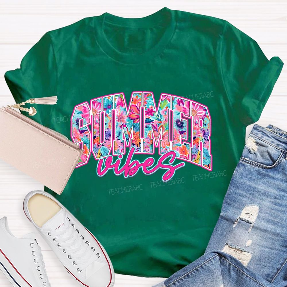 Summer Vibes Fancy Fonts Teacher T-shirt