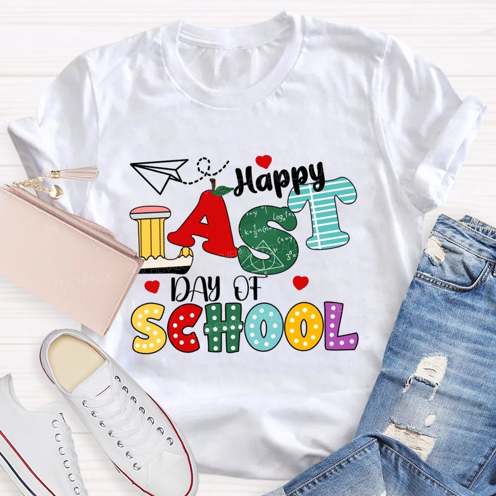Happy Last Day Of School Apple Strip Teacher T-Shirt