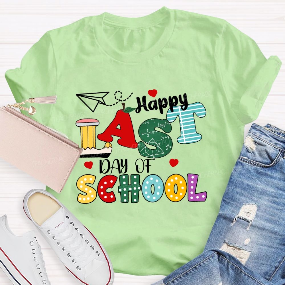 Happy Last Day Of School Apple Strip Teacher T-Shirt