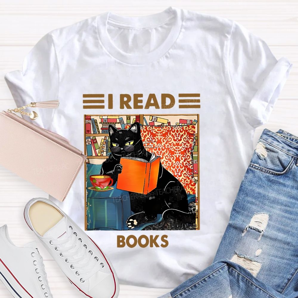 I Read Books Cat Graphic Teacher T-shirt