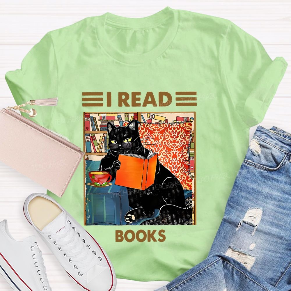 I Read Books Cat Graphic Teacher T-shirt