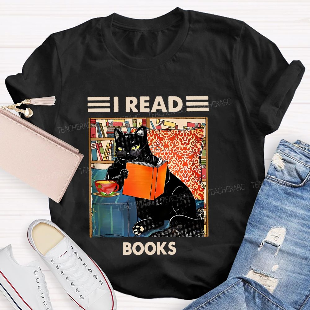 I Read Books Cat Graphic Teacher T-shirt