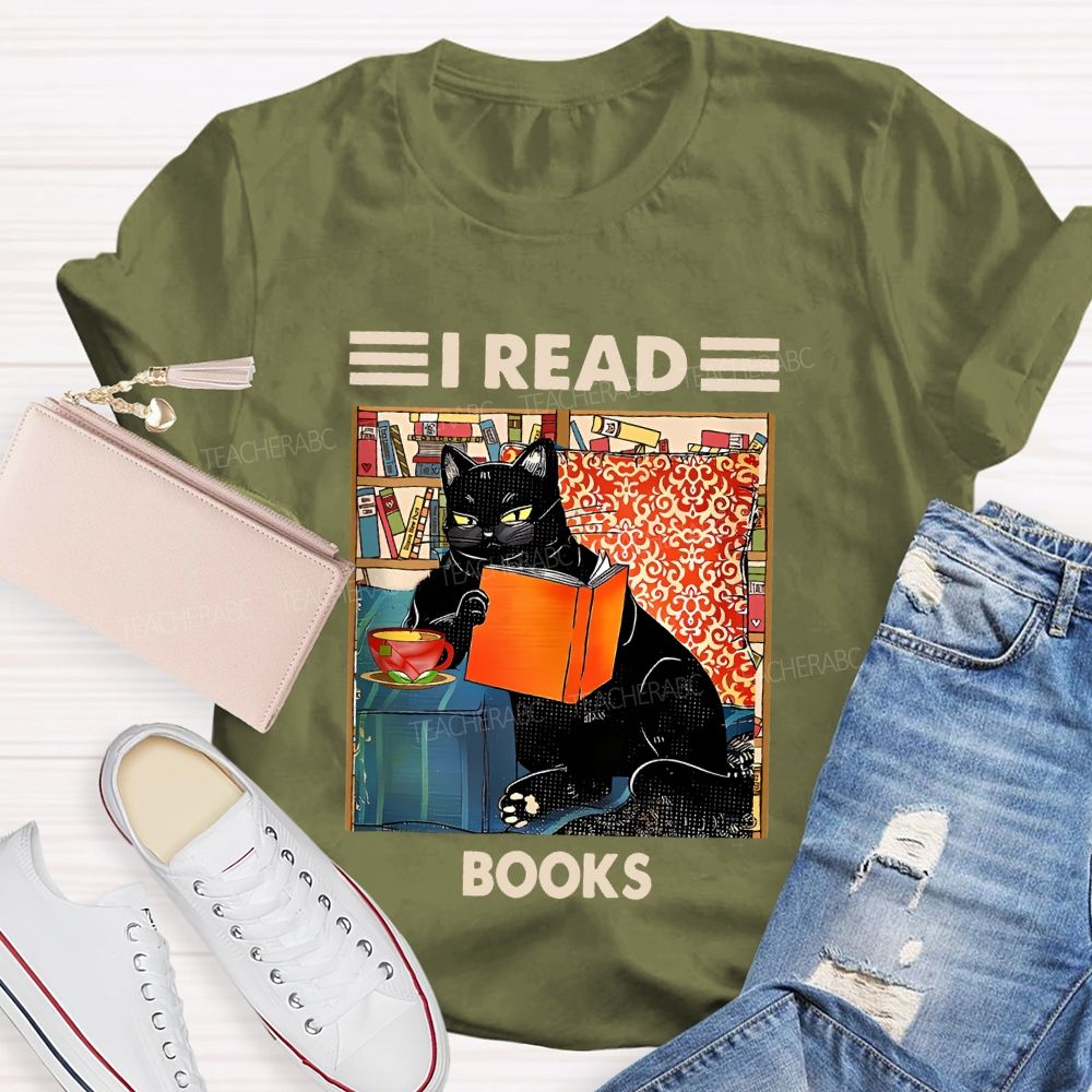 I Read Books Cat Graphic Teacher T-shirt
