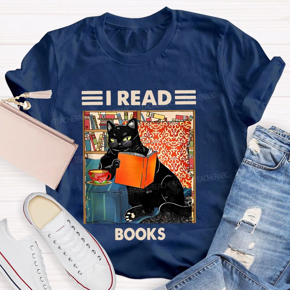 I Read Books Cat Graphic Teacher T-shirt