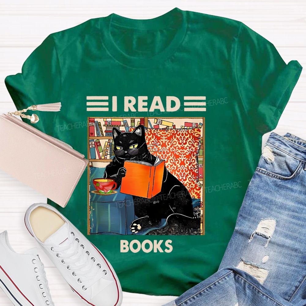 I Read Books Cat Graphic Teacher T-shirt