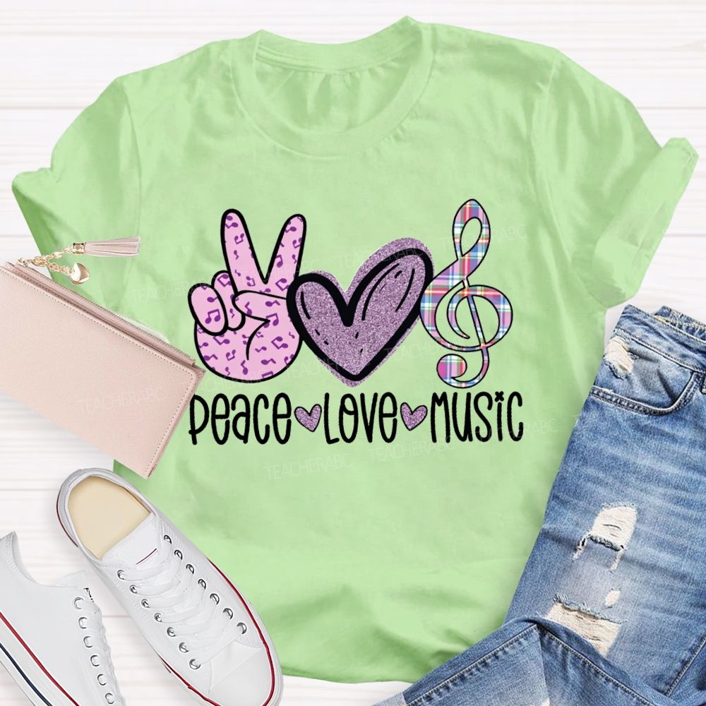 Peace Love Music Heart-Shaped Musical Notes Teacher T-shirt