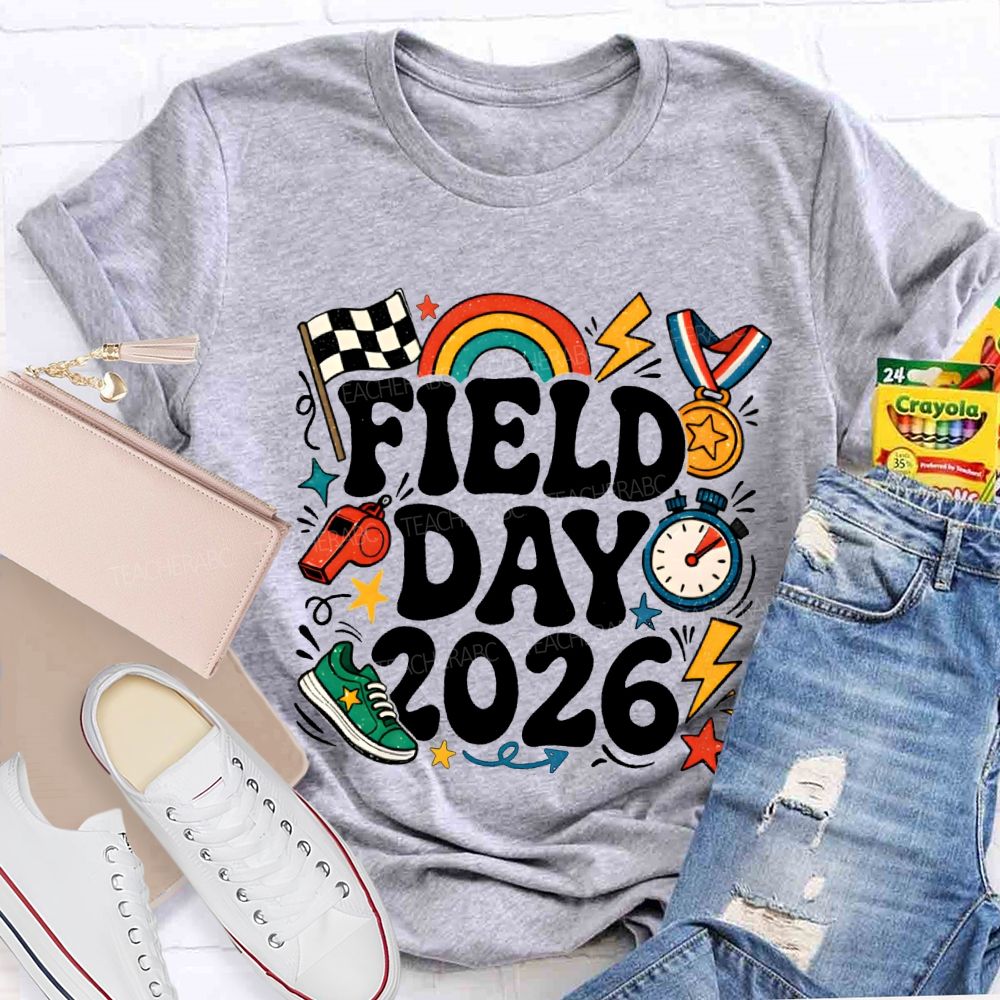 Field Day 2026 Rainbows And Badges Teacher T-shirt