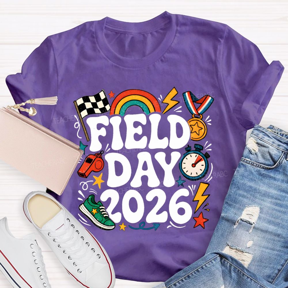 Field Day 2026 Rainbows And Badges Teacher T-shirt