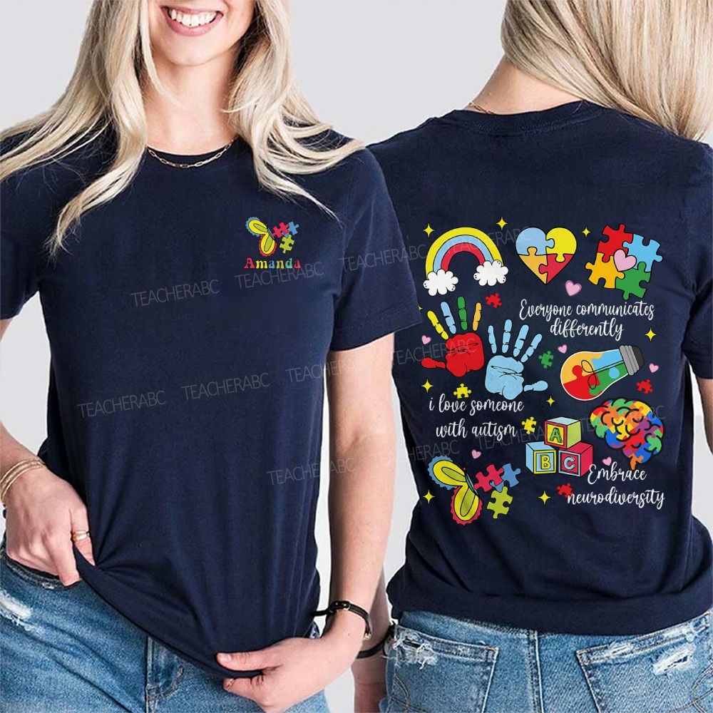 Personalized Name I Love Someone With Autism Double Printed T-shirt