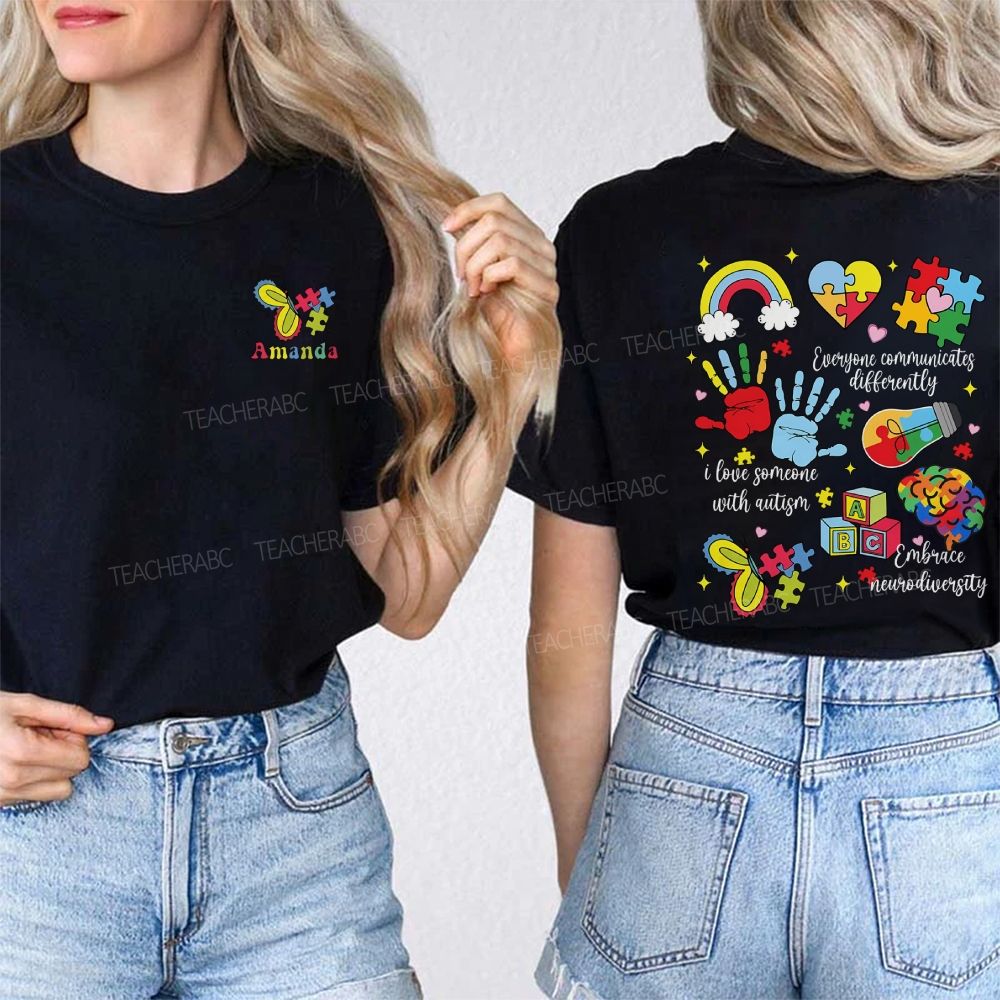 Personalized Name I Love Someone With Autism Double Printed T-shirt