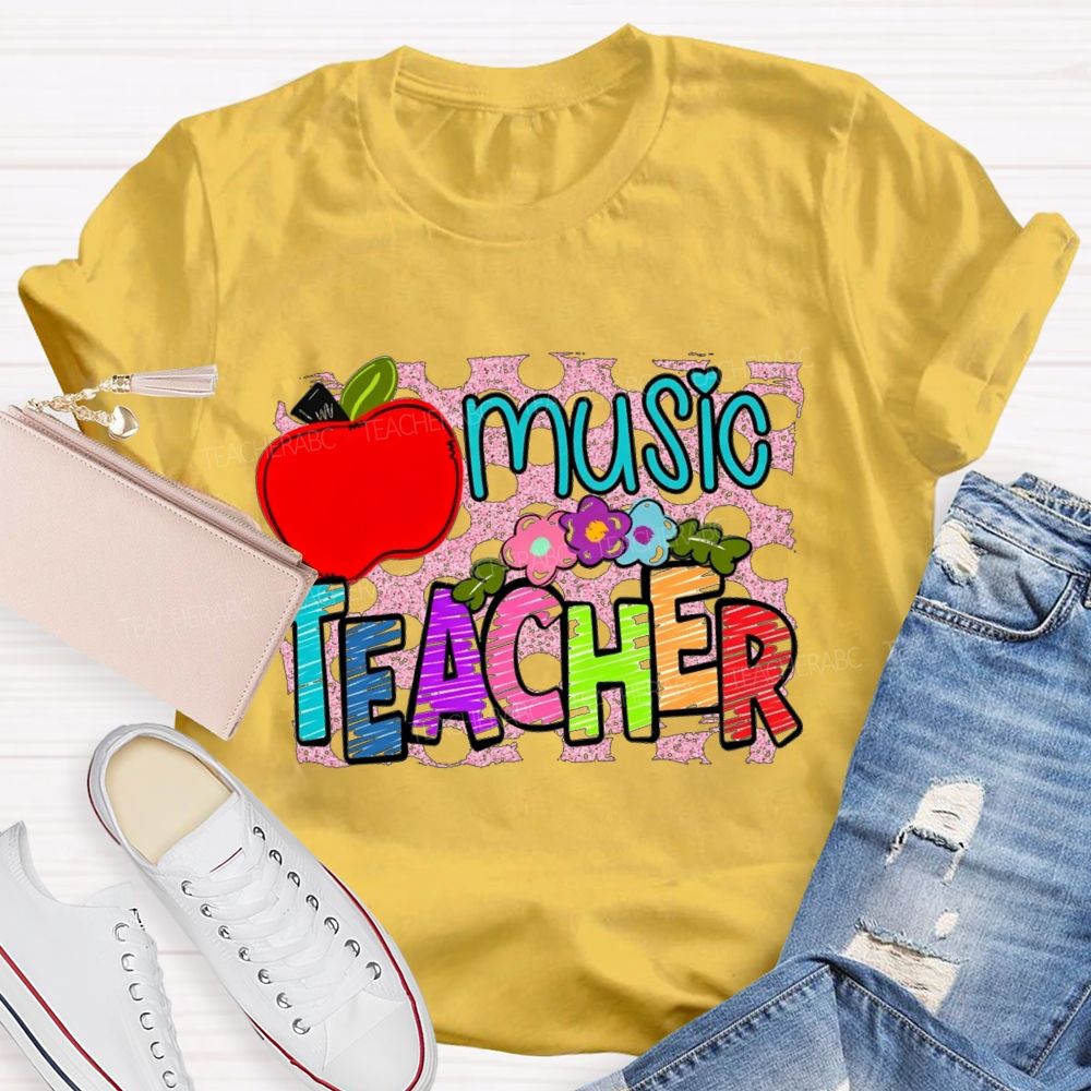 Music Teacher Flowers And Apples Teacher T-shirt