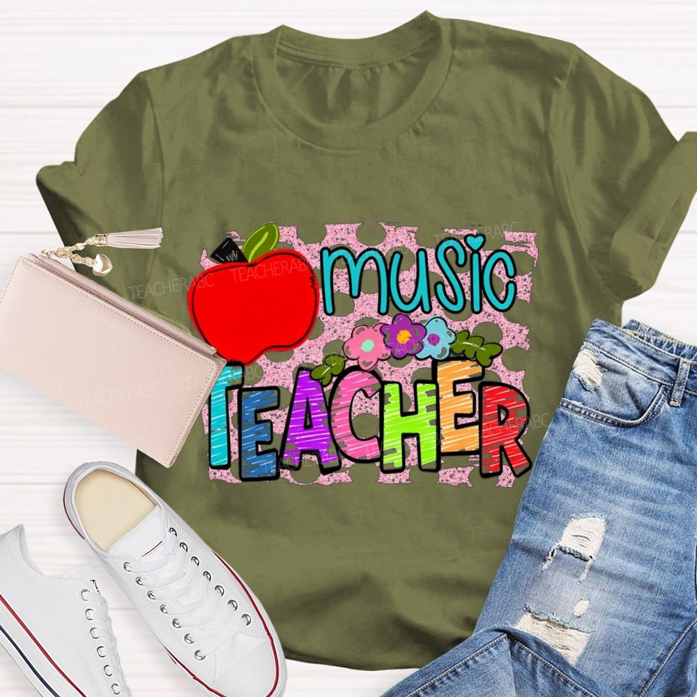 Music Teacher Flowers And Apples Teacher T-shirt