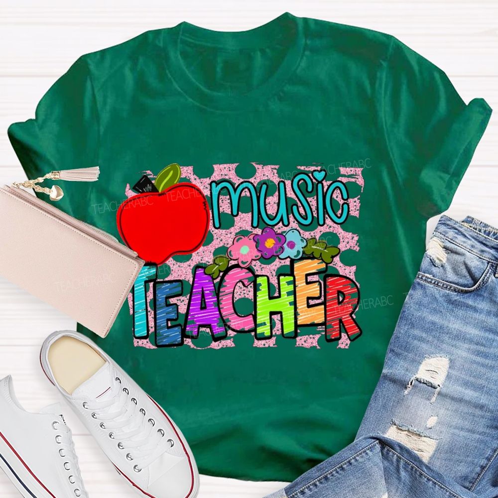 Music Teacher Flowers And Apples Teacher T-shirt