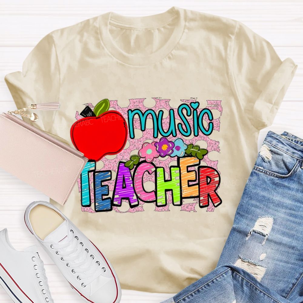 Music Teacher Flowers And Apples Teacher T-shirt