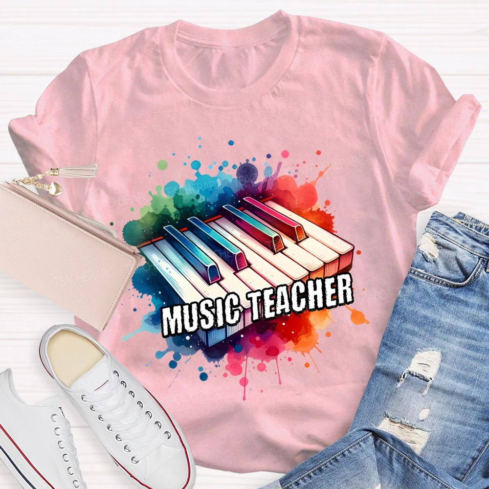 Music Teacher Watercolor Splashes And Piano Keys Teacher T-shirt
