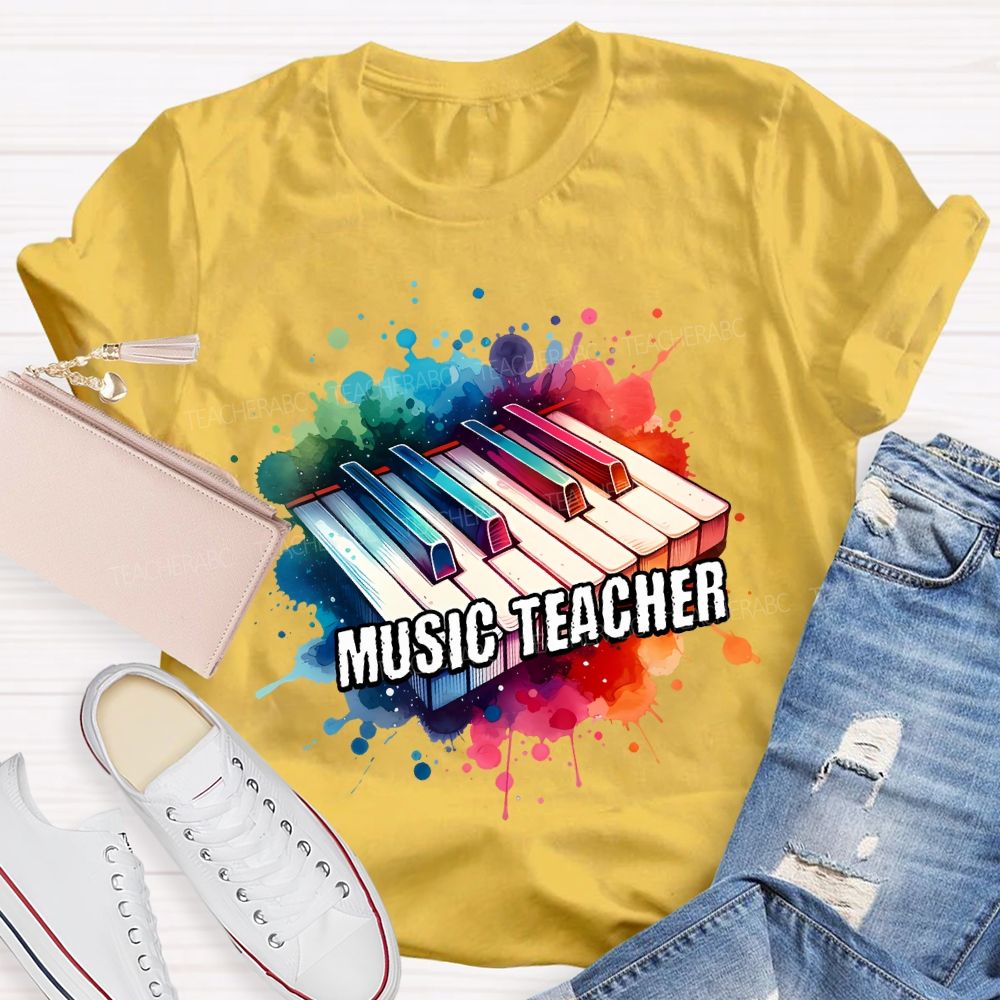 Music Teacher Watercolor Splashes And Piano Keys Teacher T-shirt