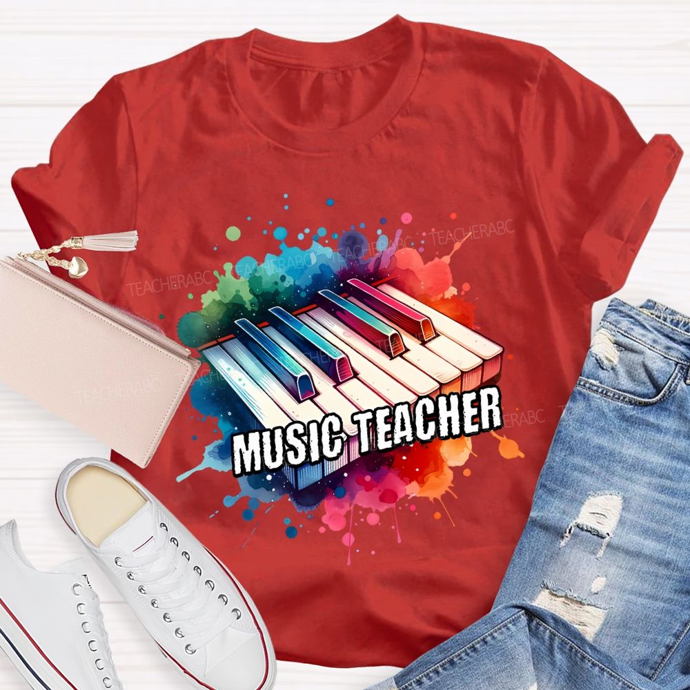 Music Teacher Watercolor Splashes And Piano Keys Teacher T-shirt