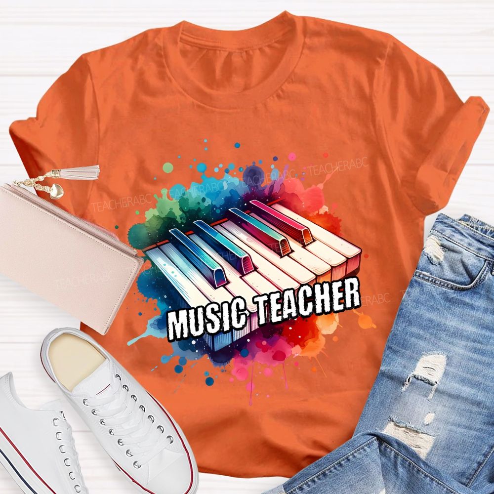 Music Teacher Watercolor Splashes And Piano Keys Teacher T-shirt