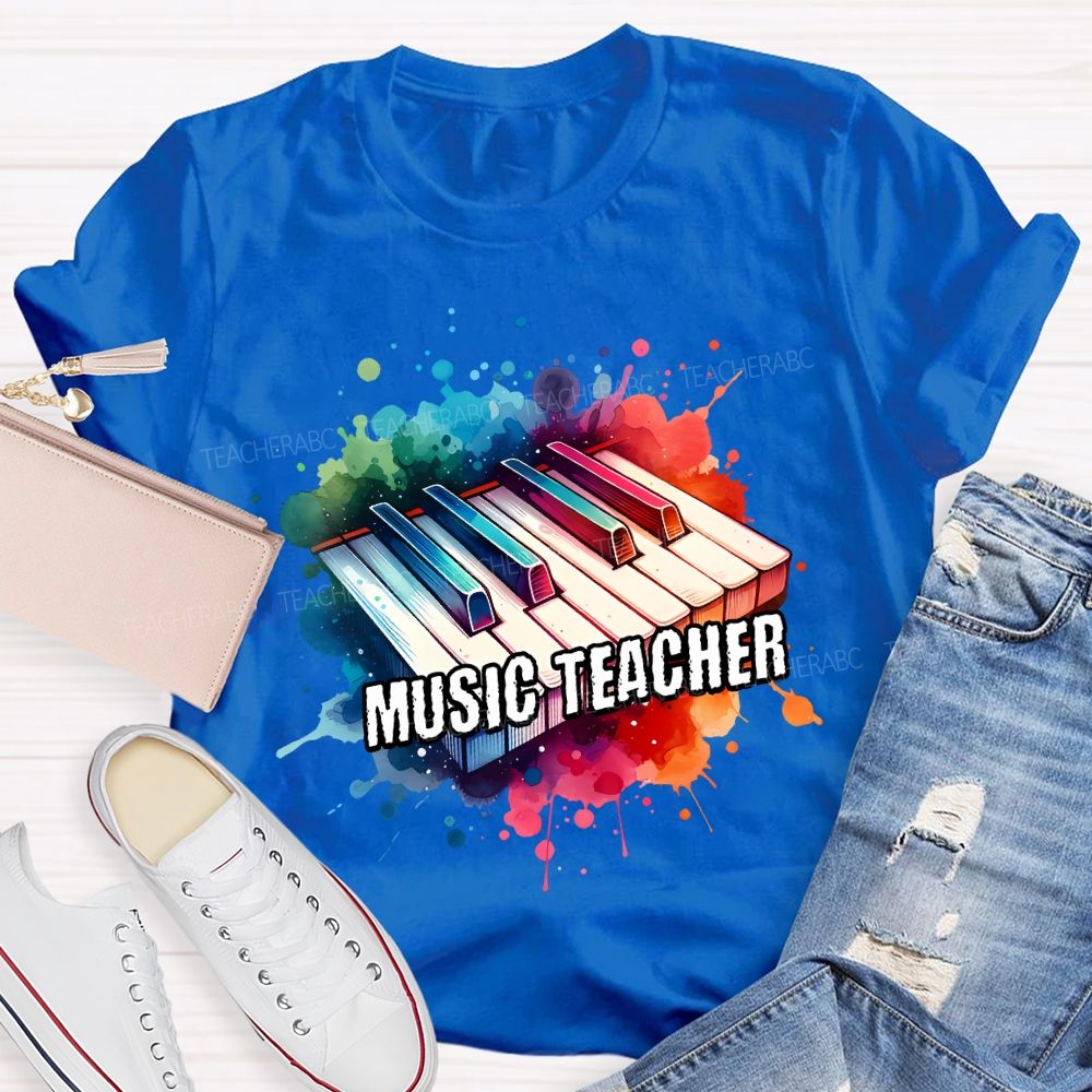 Music Teacher Watercolor Splashes And Piano Keys Teacher T-shirt