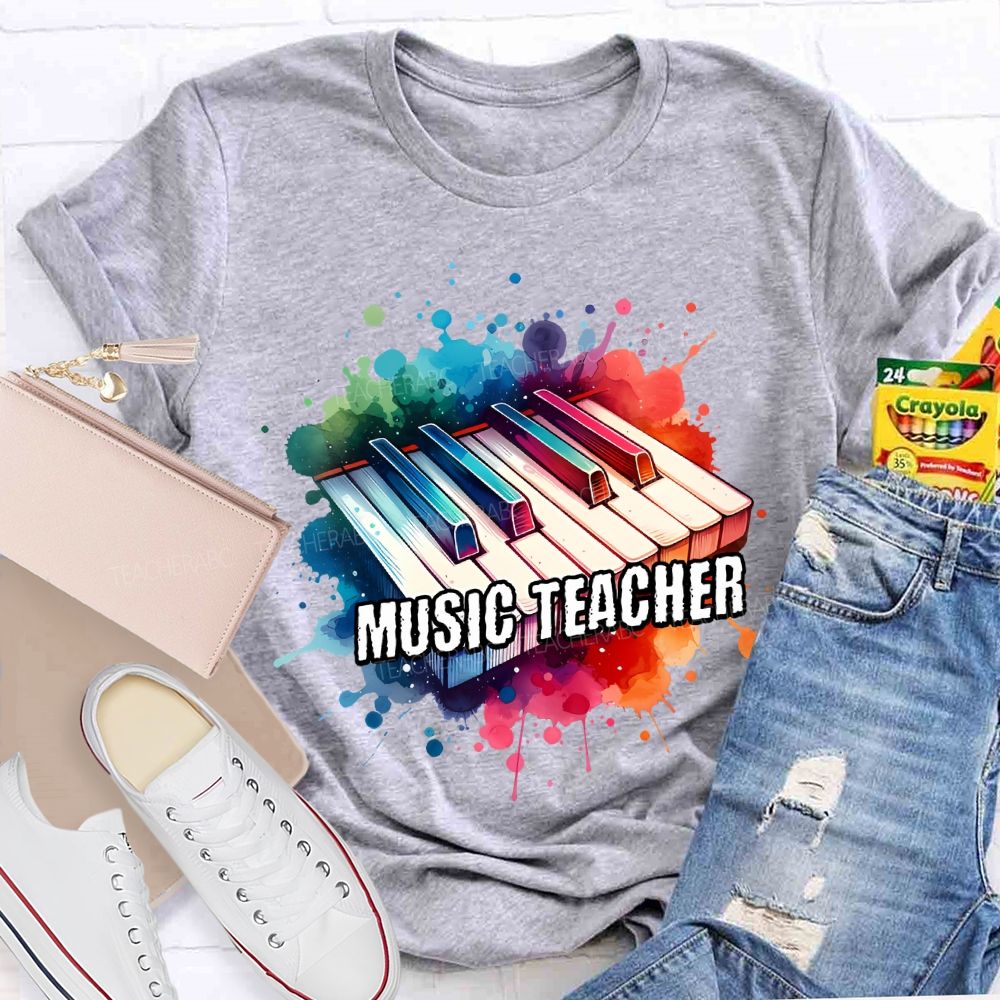 Music Teacher Watercolor Splashes And Piano Keys Teacher T-shirt