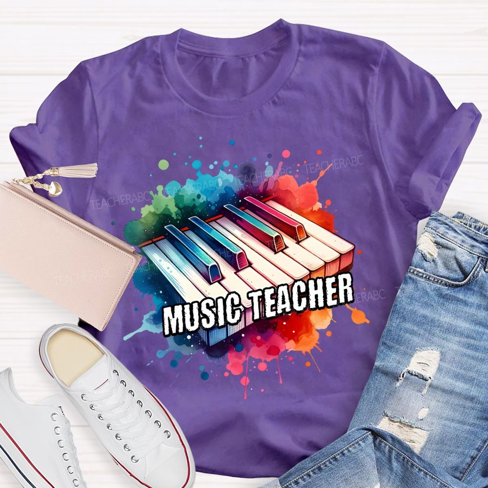 Music Teacher Watercolor Splashes And Piano Keys Teacher T-shirt