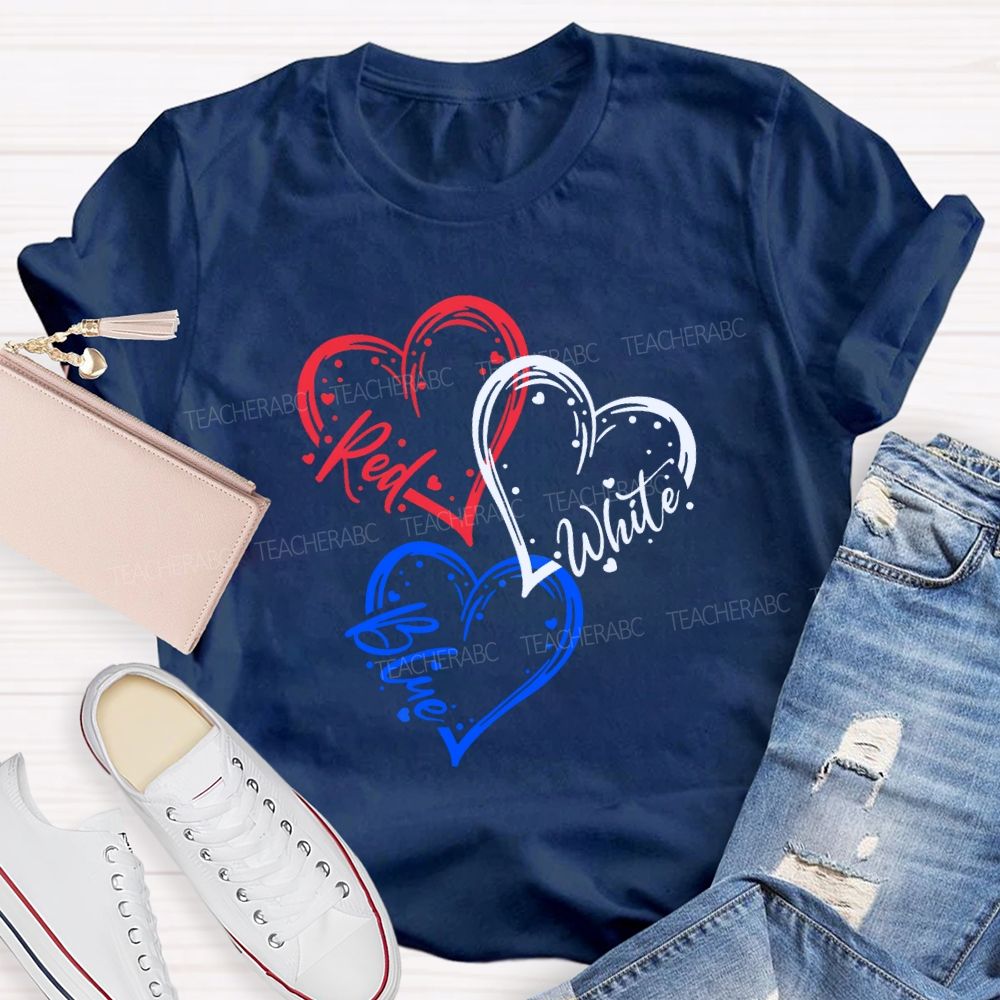 Red White Blue Heart Freedom Teacher T-shirt