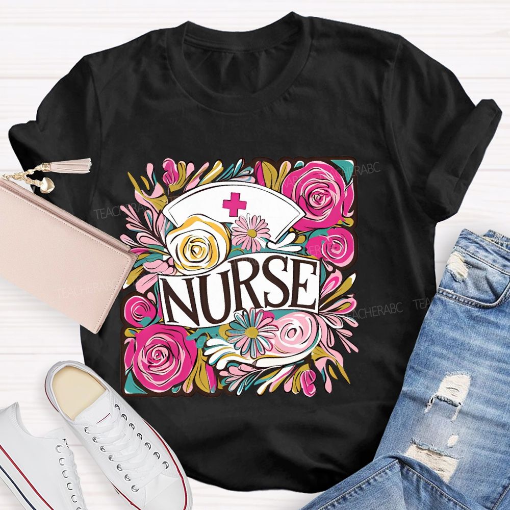 Nurse Flower Graphic Teacher T-shirt