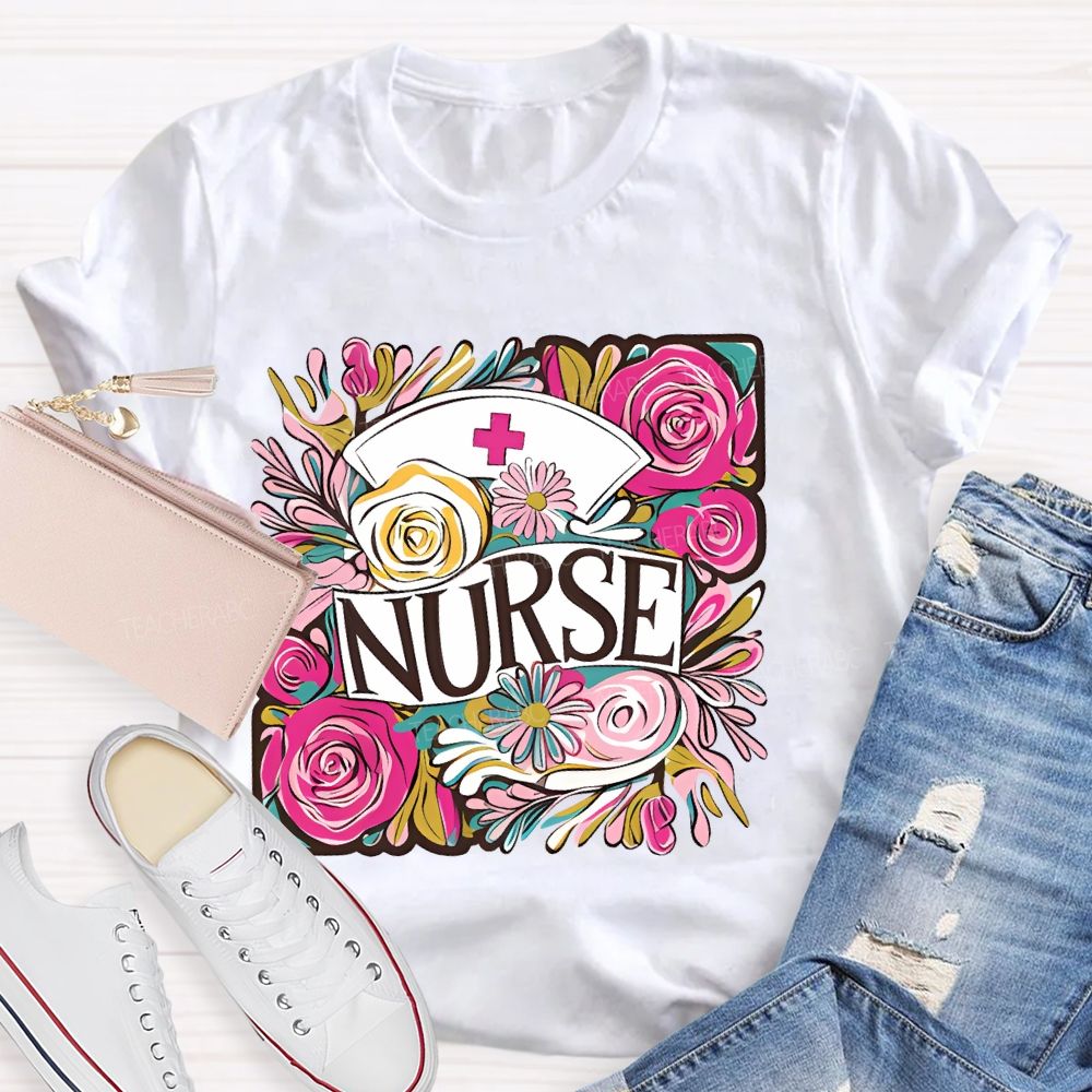Nurse Flower Graphic Teacher T-shirt