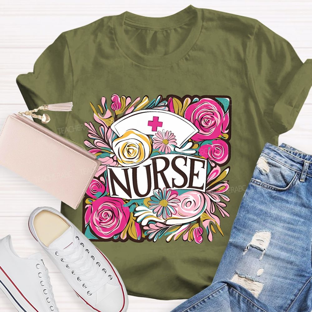 Nurse Flower Graphic Teacher T-shirt