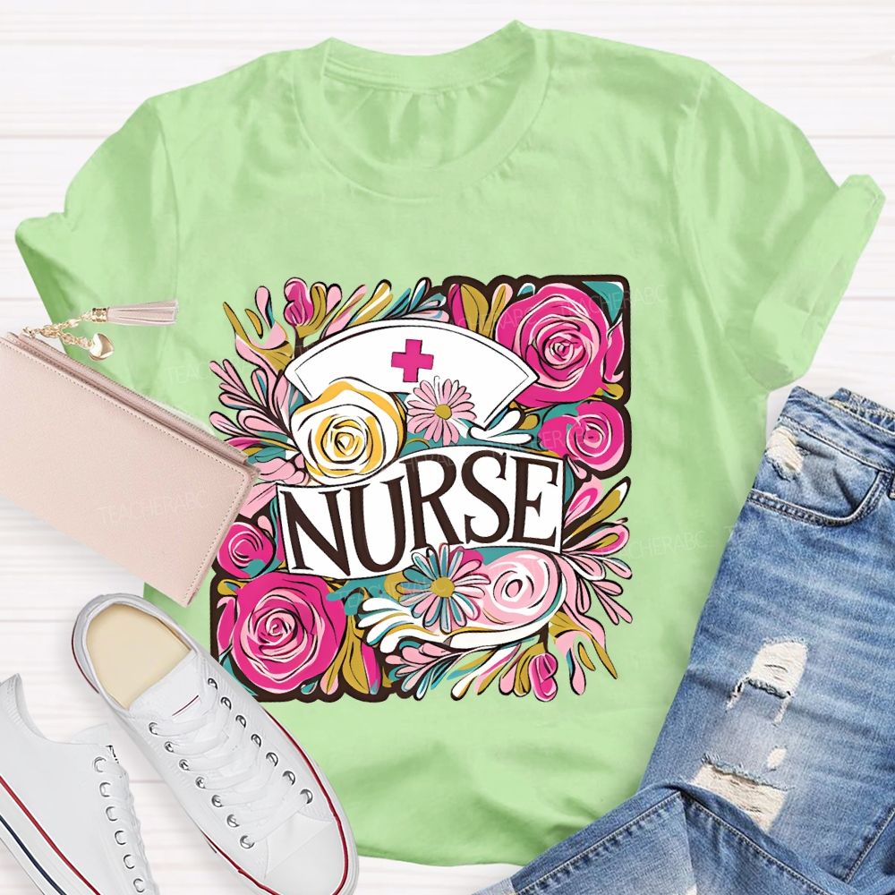 Nurse Flower Graphic Teacher T-shirt