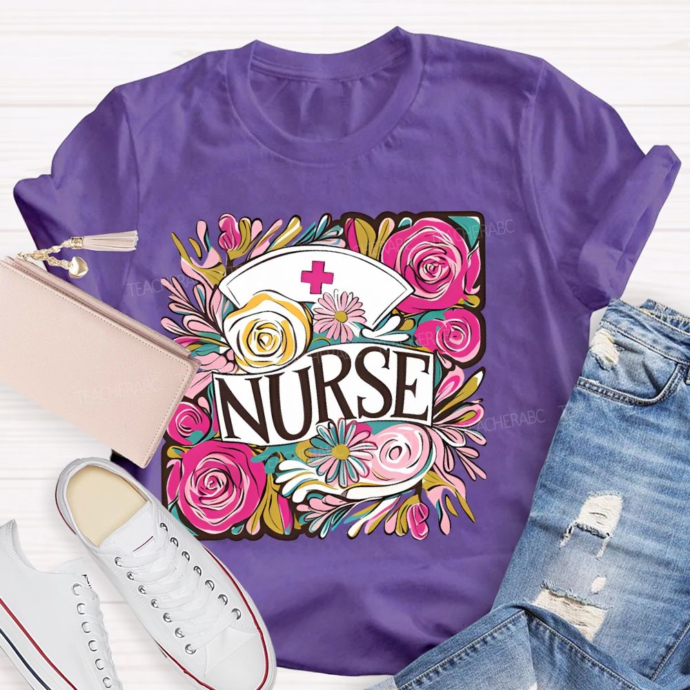 Nurse Flower Graphic Teacher T-shirt
