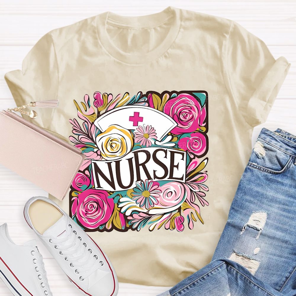 Nurse Flower Graphic Teacher T-shirt