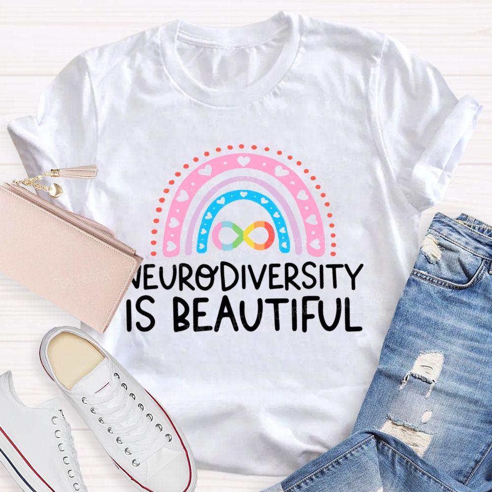 Neurodiversity Is Beautiful Pink Heart Rainbow Teacher T-shirt