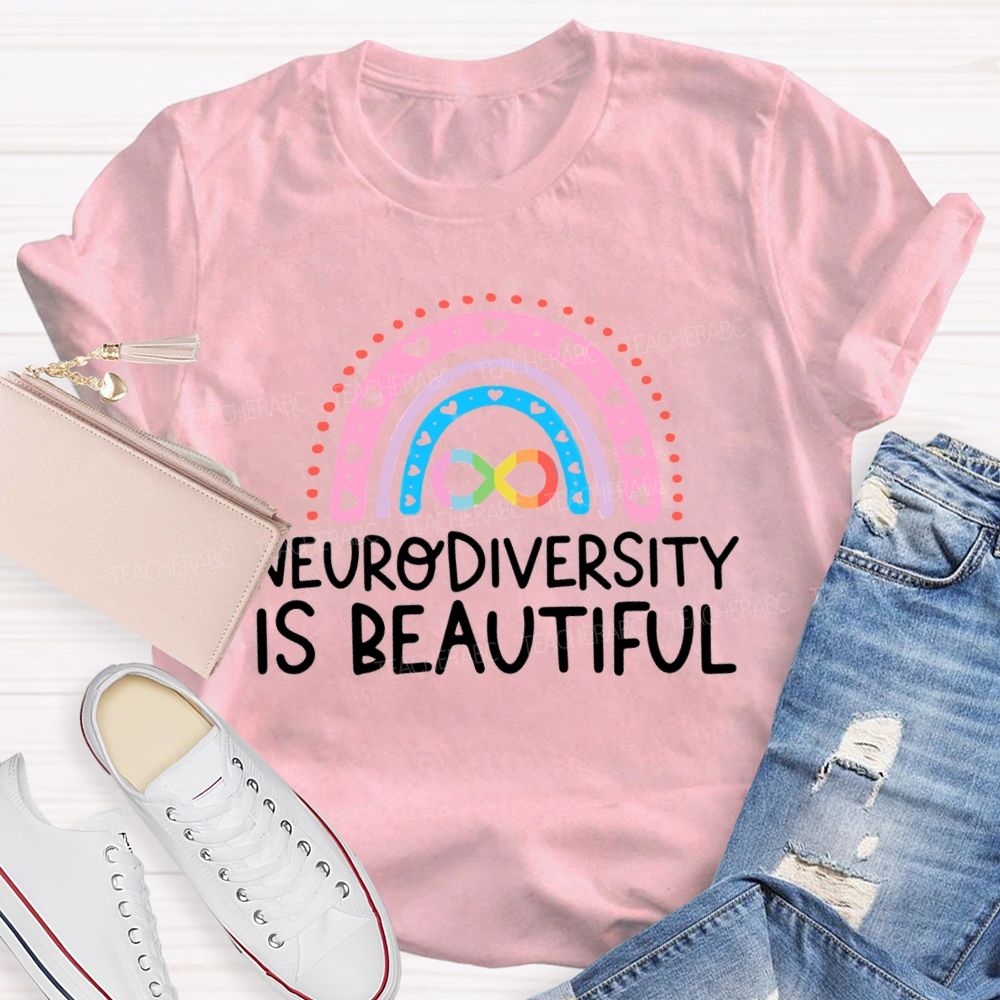 Neurodiversity Is Beautiful Pink Heart Rainbow Teacher T-shirt