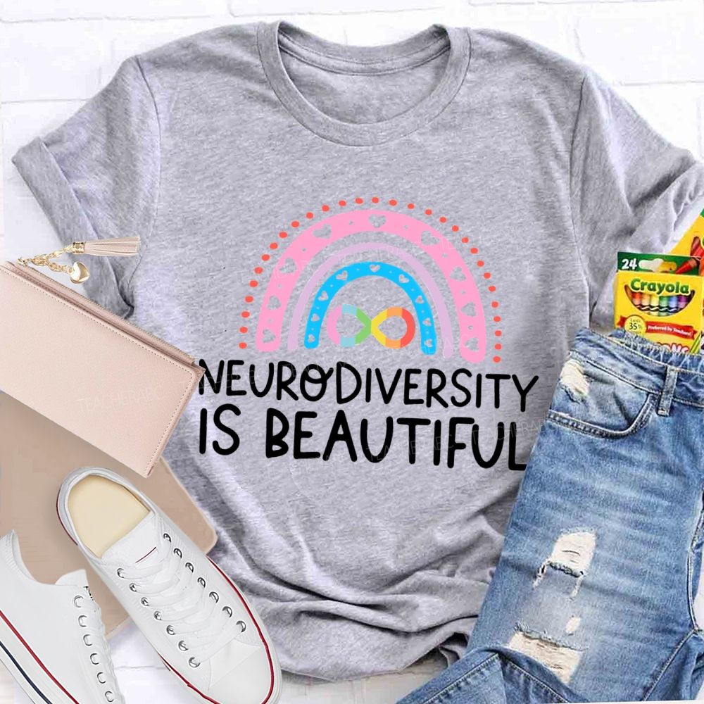Neurodiversity Is Beautiful Pink Heart Rainbow Teacher T-shirt