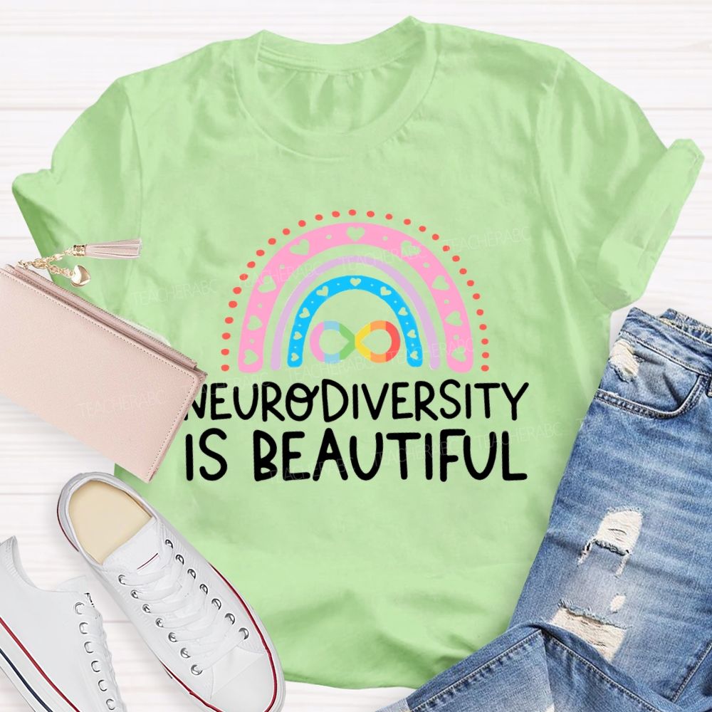 Neurodiversity Is Beautiful Pink Heart Rainbow Teacher T-shirt