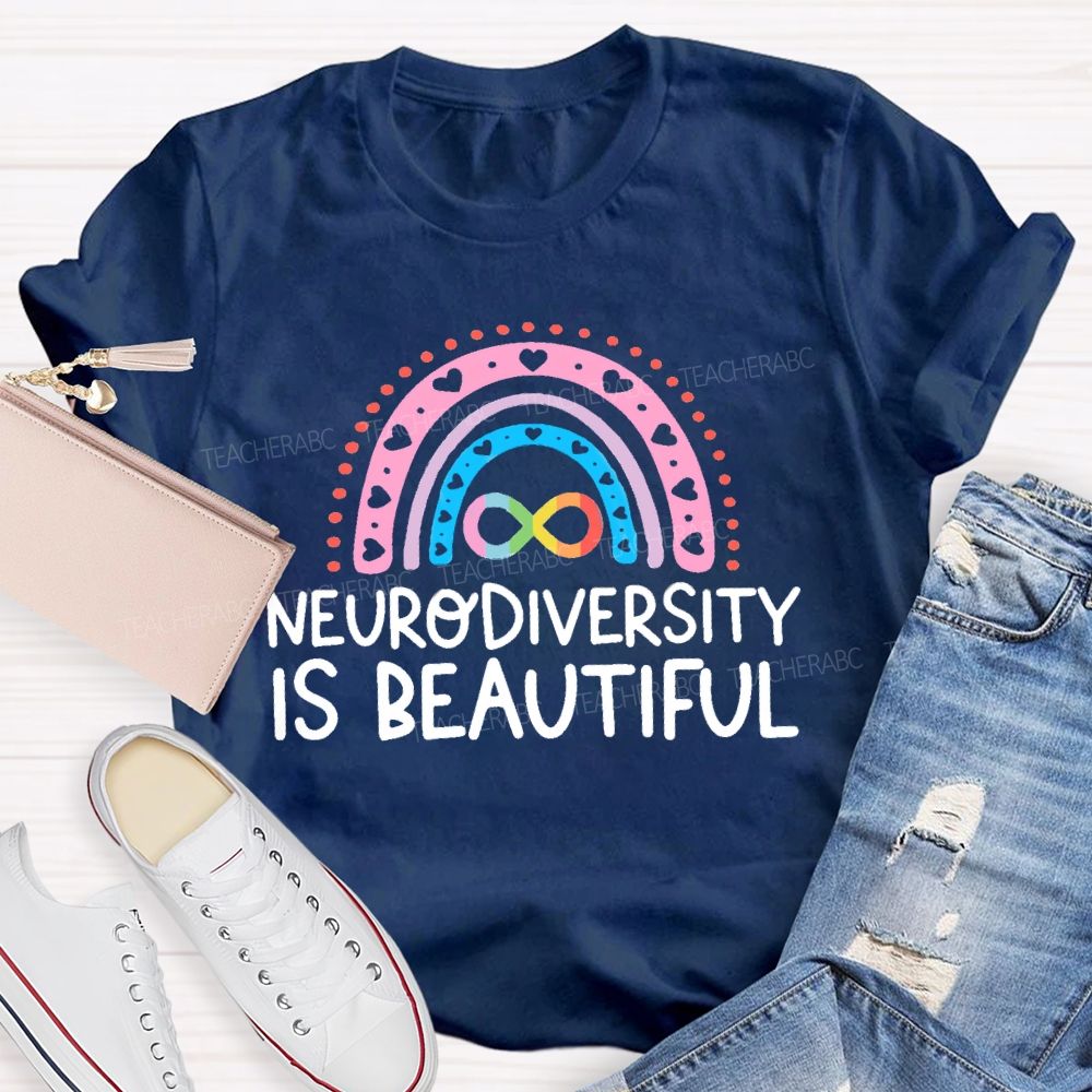Neurodiversity Is Beautiful Pink Heart Rainbow Teacher T-shirt