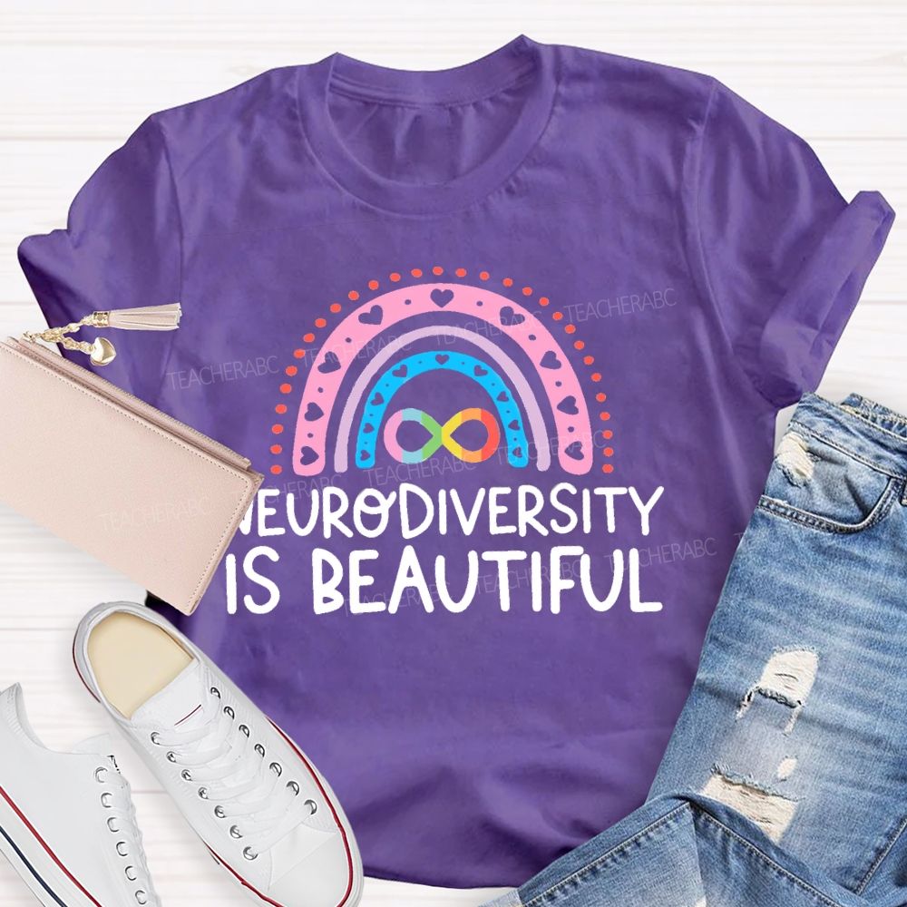 Neurodiversity Is Beautiful Pink Heart Rainbow Teacher T-shirt