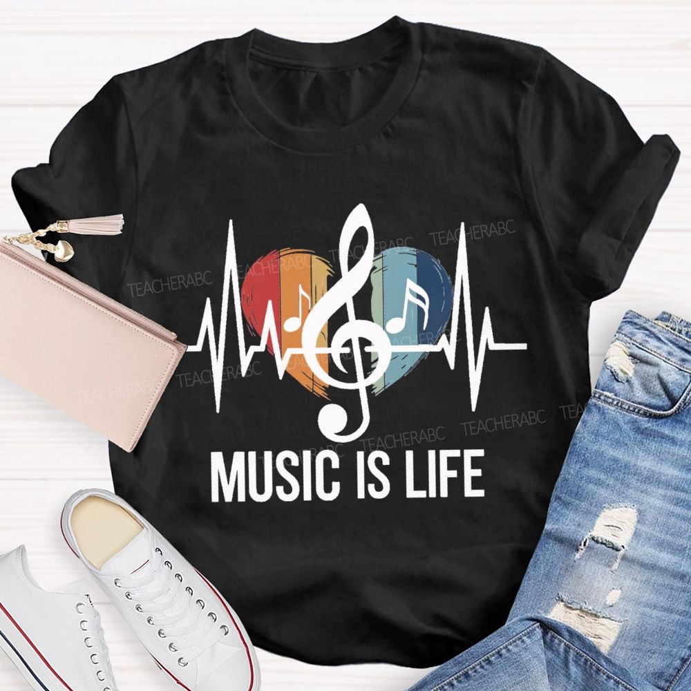 Music Is Life Colorful Heart Print Teacher T-shirt