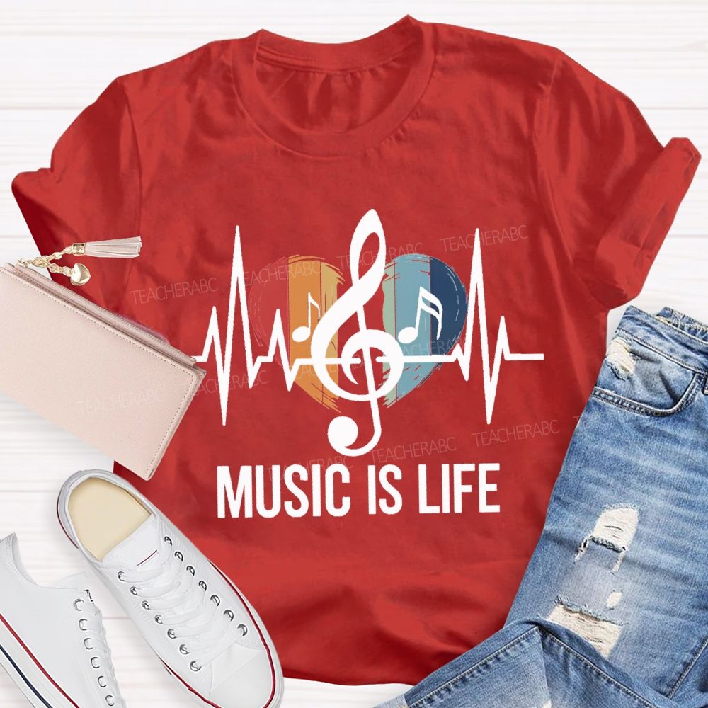 Music Is Life Colorful Heart Print Teacher T-shirt