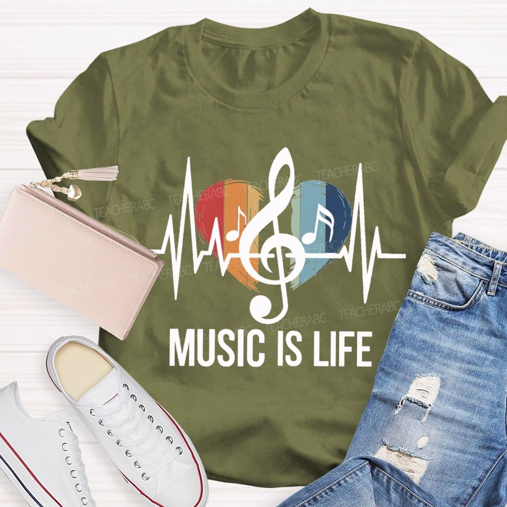 Music Is Life Colorful Heart Print Teacher T-shirt