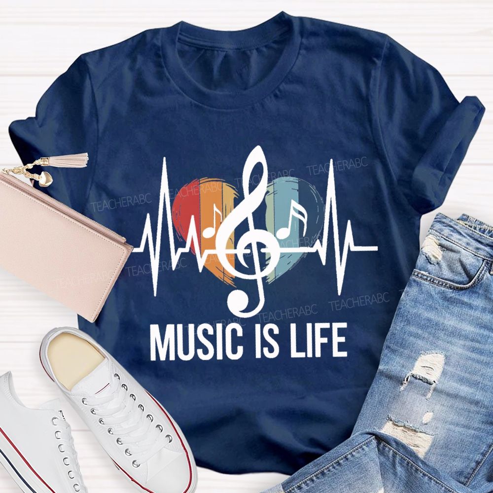 Music Is Life Colorful Heart Print Teacher T-shirt