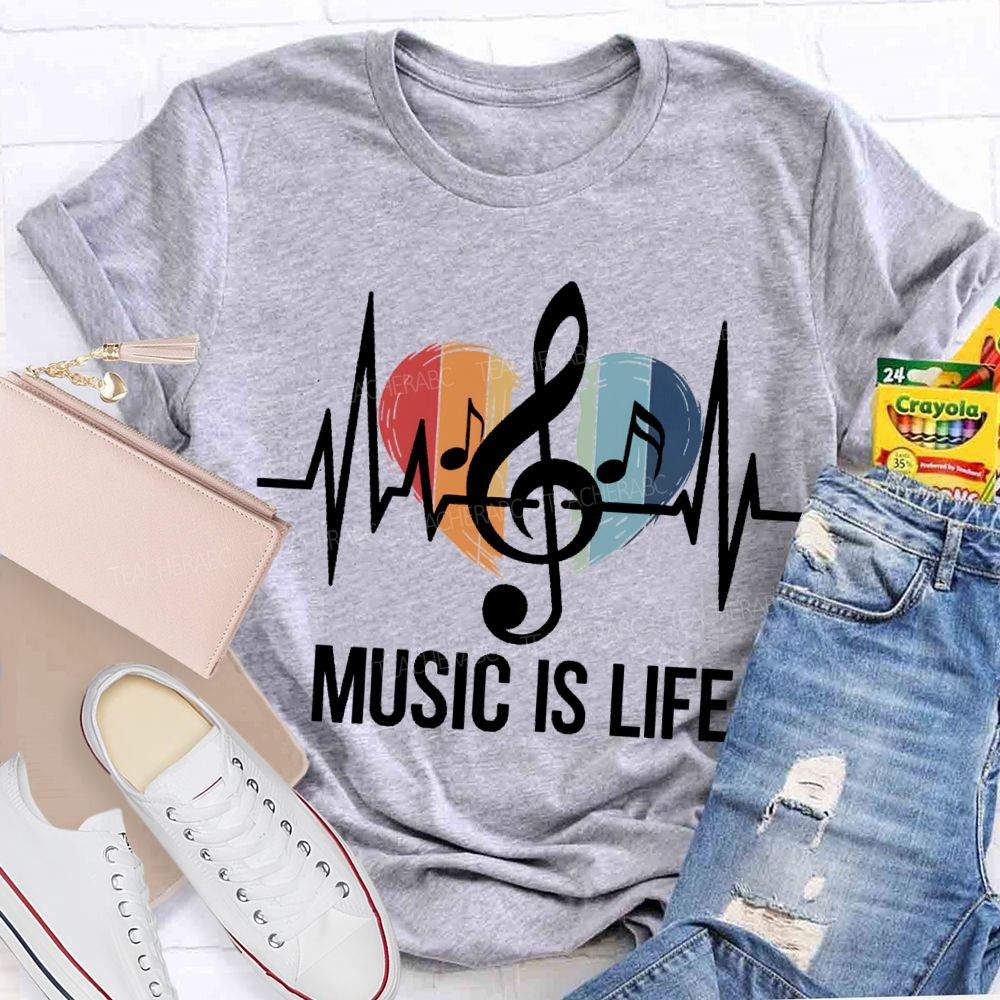 Music Is Life Colorful Heart Print Teacher T-shirt