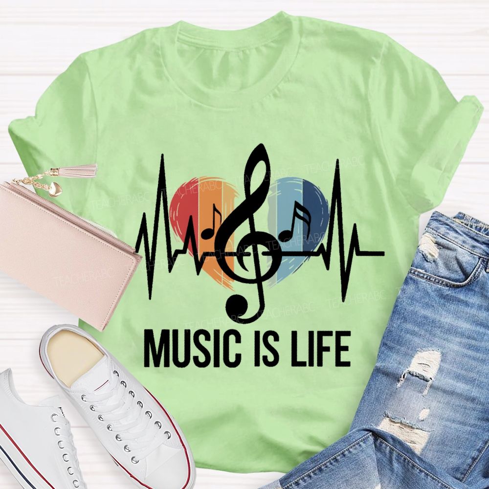 Music Is Life Colorful Heart Print Teacher T-shirt